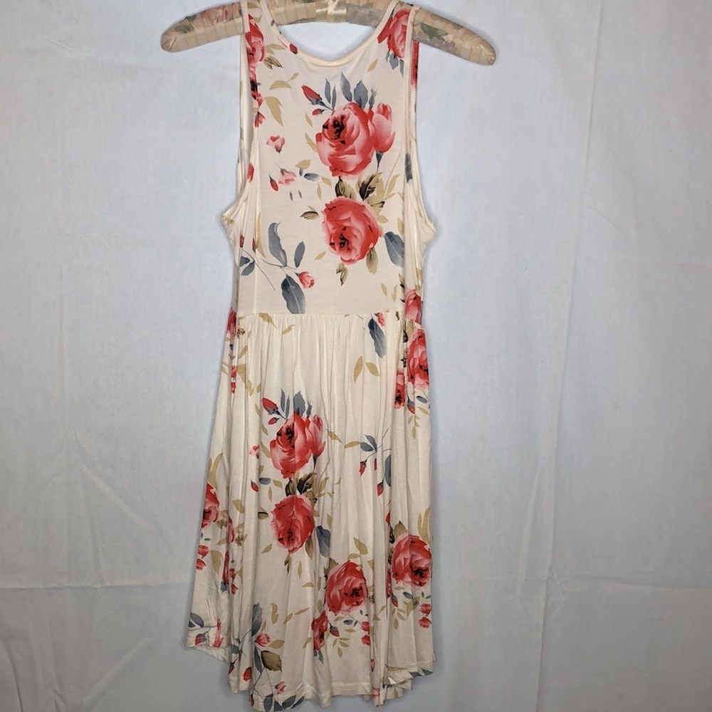 Soft Flowy Stretchy Cream Pink Floral Sleeveless Tank Dress Pockets Women XS NWT - Picture 2 of 14